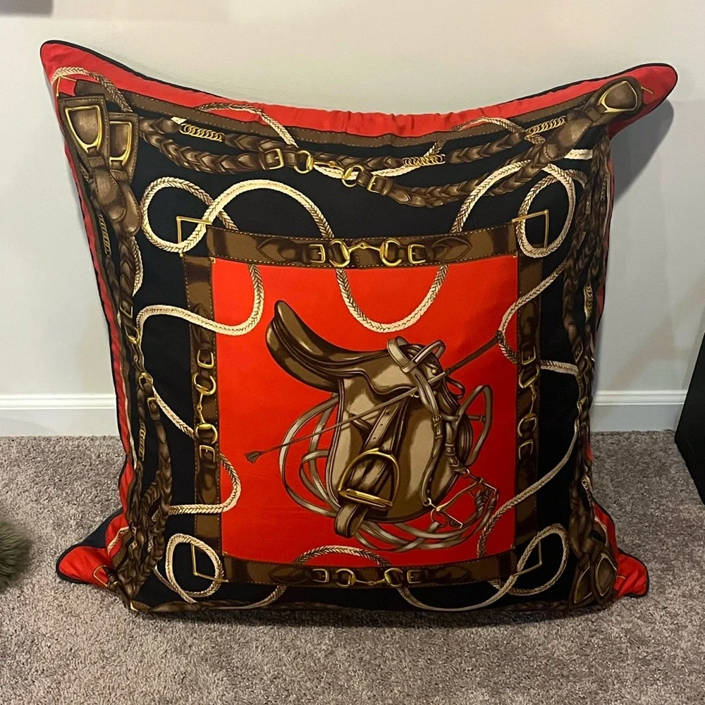 Ralph Lauren Equestrian Saddle Silk Linen Floor Pillow 37”x37” Huge Made in USA